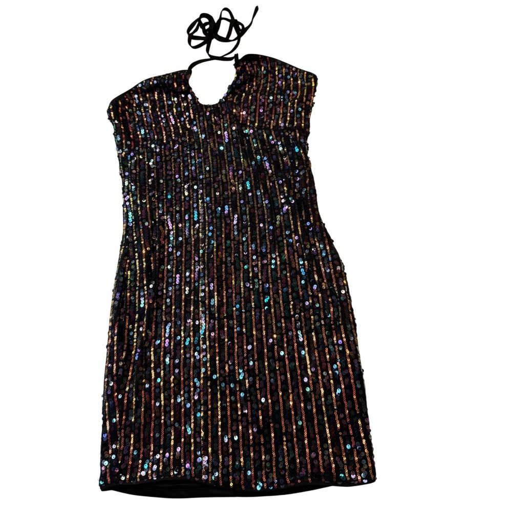 IRIS Sequin Halter Mini Dress Sparkle Black Multi Color Party Club Size S